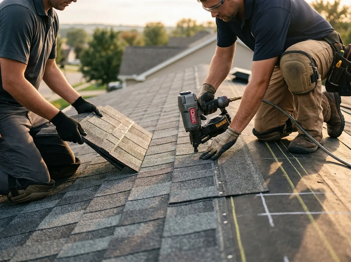 Professional roofer working on a residential roof in Lago Vista